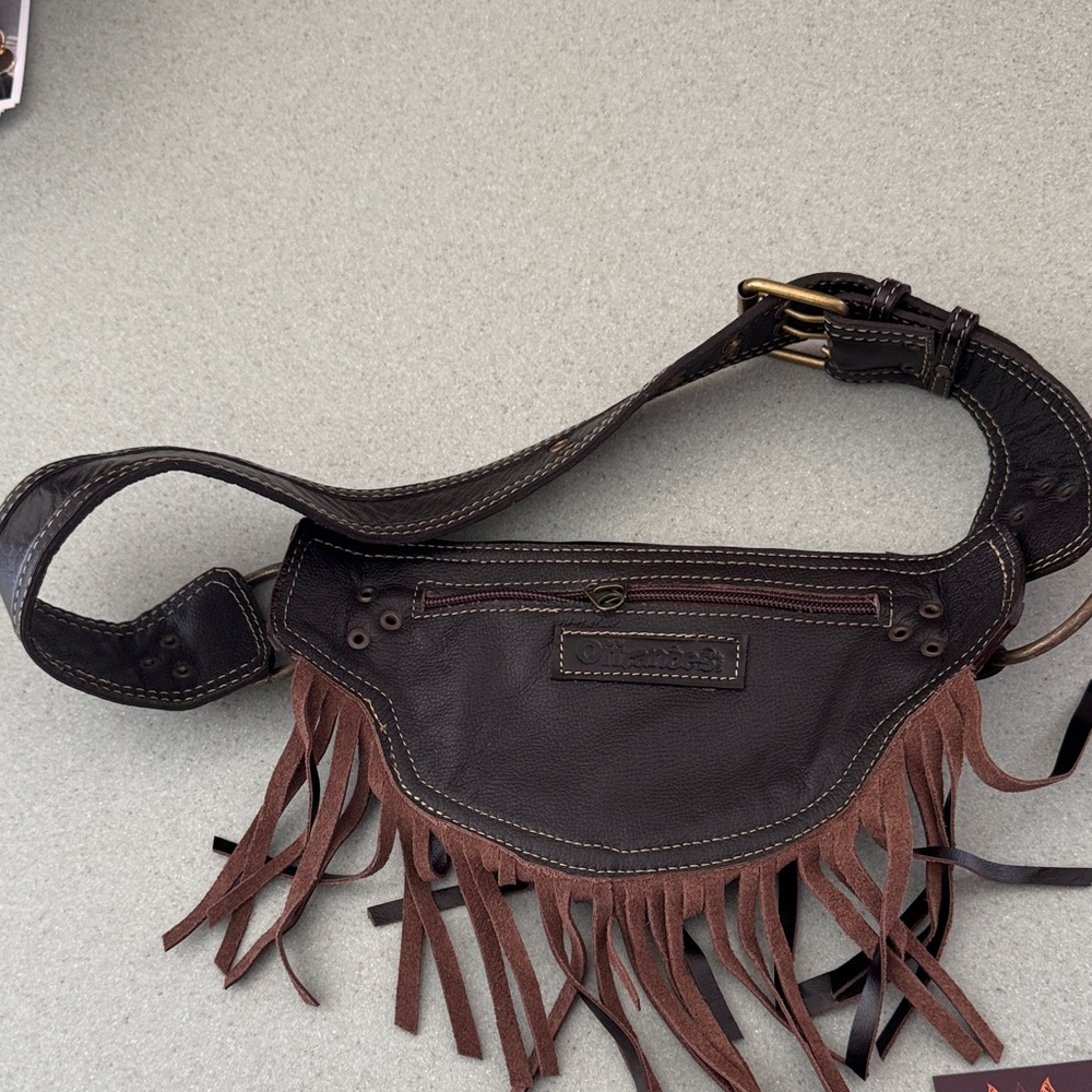 Dark Brown Leather Fringe Belt Bag with Turquoise Accents. Hand-crafted. - Picture 3 of 7
